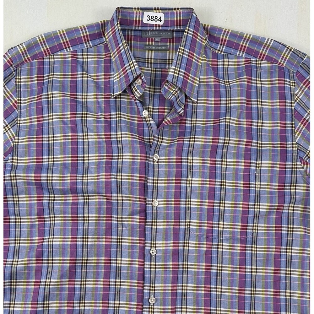 Hickey Freeman Men's Woven in Italy Button Up Shirt XL Blue Purple Plaid Cotton